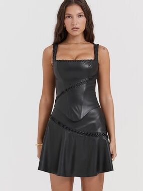 House of CB Black Faux Leather Braided-Trim Mini Dress Nova (top- m) (skirt- s)